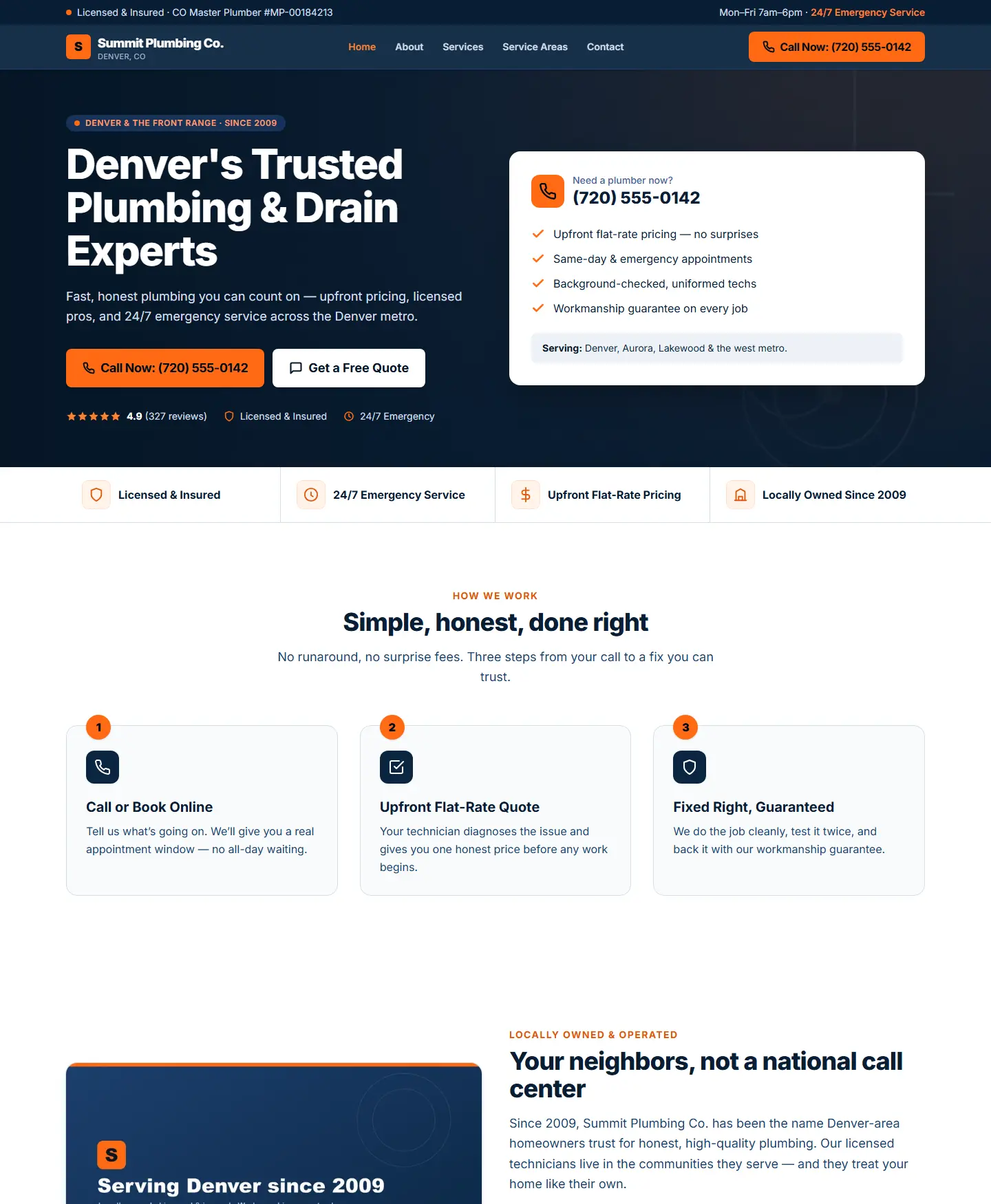 Desktop homepage of the Summit Plumbing Co. website